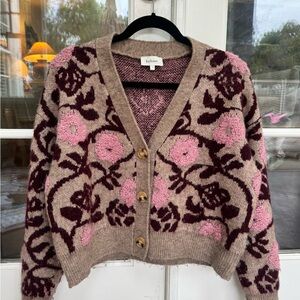 Anthropologie Women's Floral Knit Cardigan - Pink and Brown